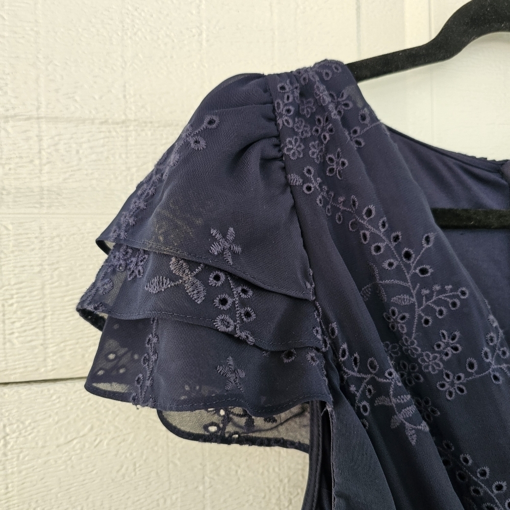 DKNY Woman'sNavy Blue Eyelet Embroidered Midi Dress Flutter Sleeves Elegant Chic - Picture 6 of 13